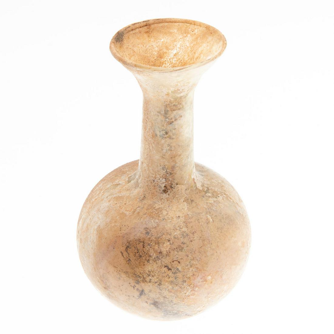 Ancient Roman Glass Bottle: Description: Ancient Roman Glass Bottle, with flaring top and rounded base. Measurements: Height: 6 1/2 in. x Width: 3 3/4 in.