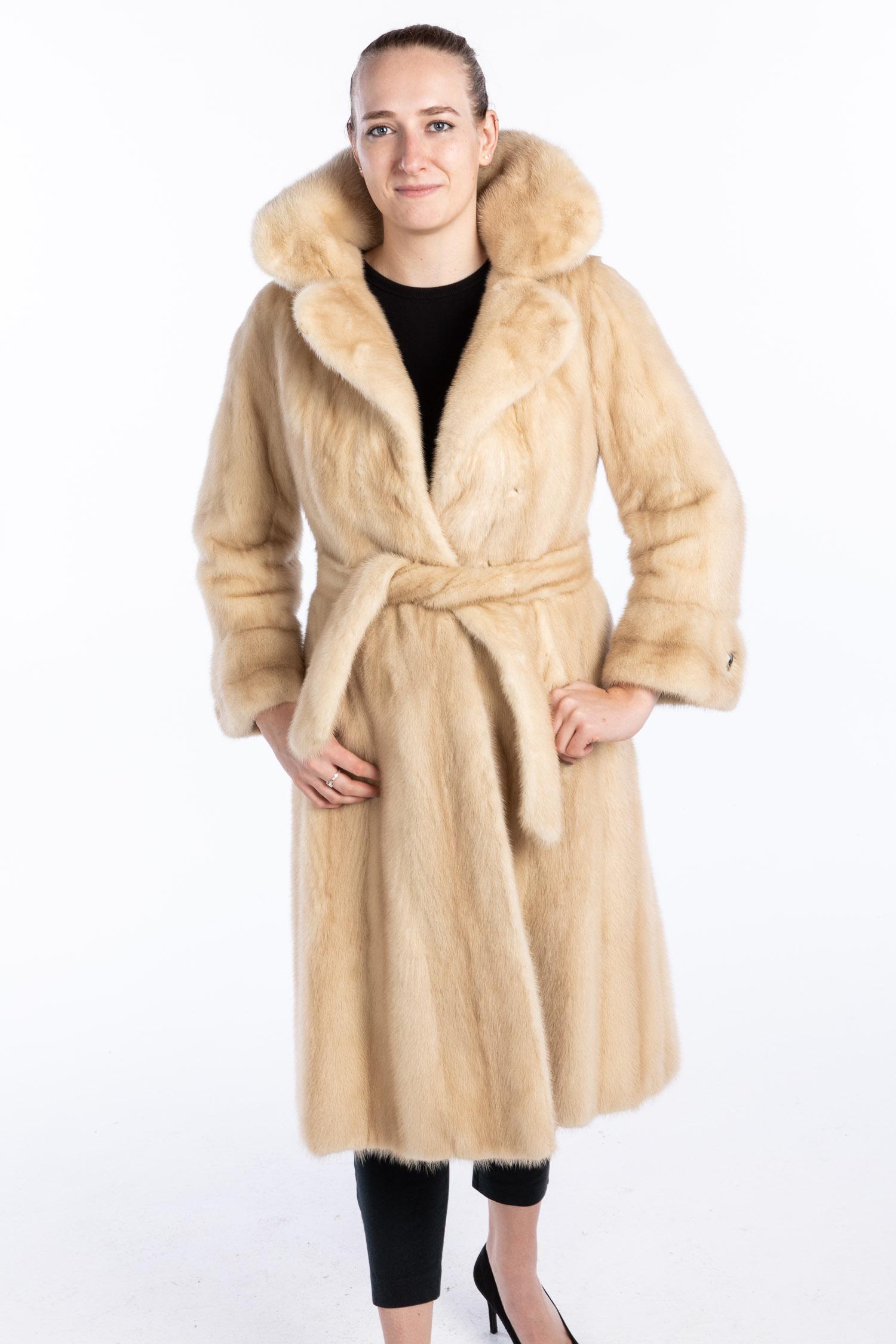 Faulkes Pale Mink Coat: Description: Faulkes Pale Mink Coat, the coat with silk embroidered flower decorated lining, belt and three hook and loop closers on waist, two front pockets, and marbled buttons on sleeve cuffs
