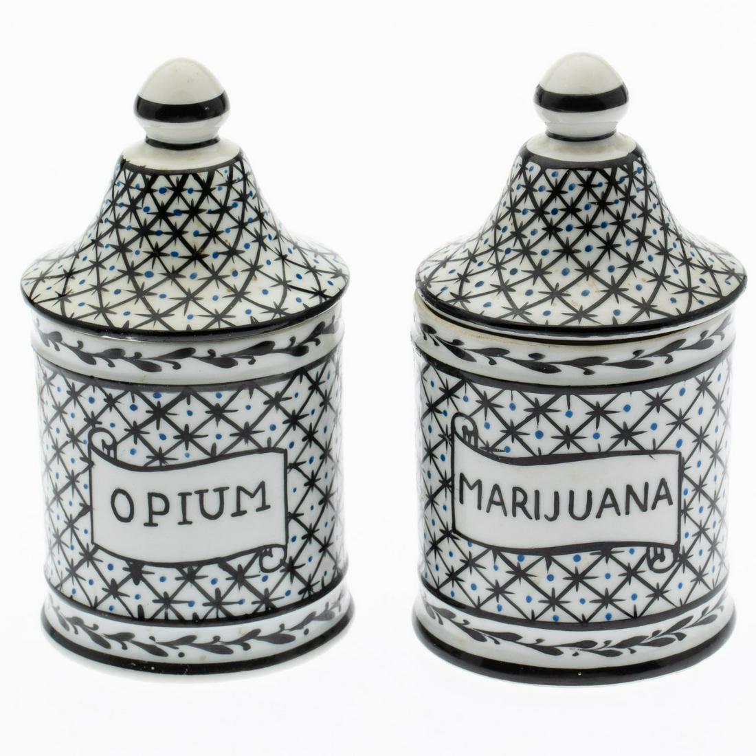 Opium and Marijuana Porcelain Drug Jars, Late 19th C: Description: Opium and Marijuana Porcelain Drug Jars, Late 19th C. Measurements: Height: 6 1/4 in. x Width: 3 1/4 in.
