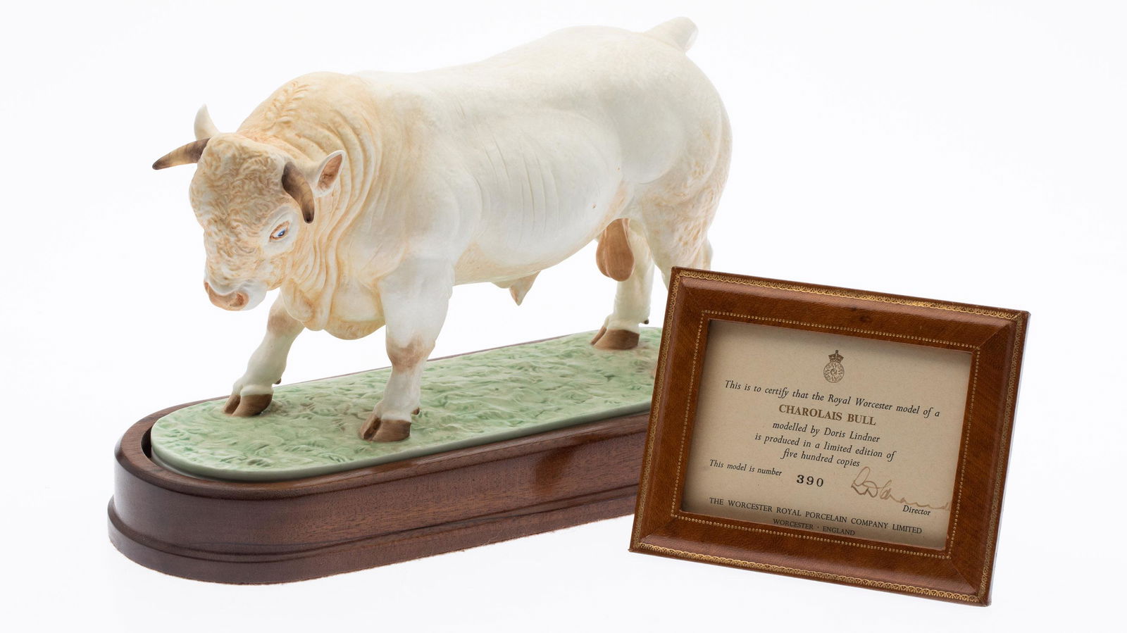Royal Worcester Porcelain Charolais Bull, 1968: Property from an Estate, Hilton Head Island, SC and Onterio, CA Description: Royal Worcester Porcelain Charolais Bull on Stand, 1968, modelled by Doris Lindner, number 390 of a limited edition of