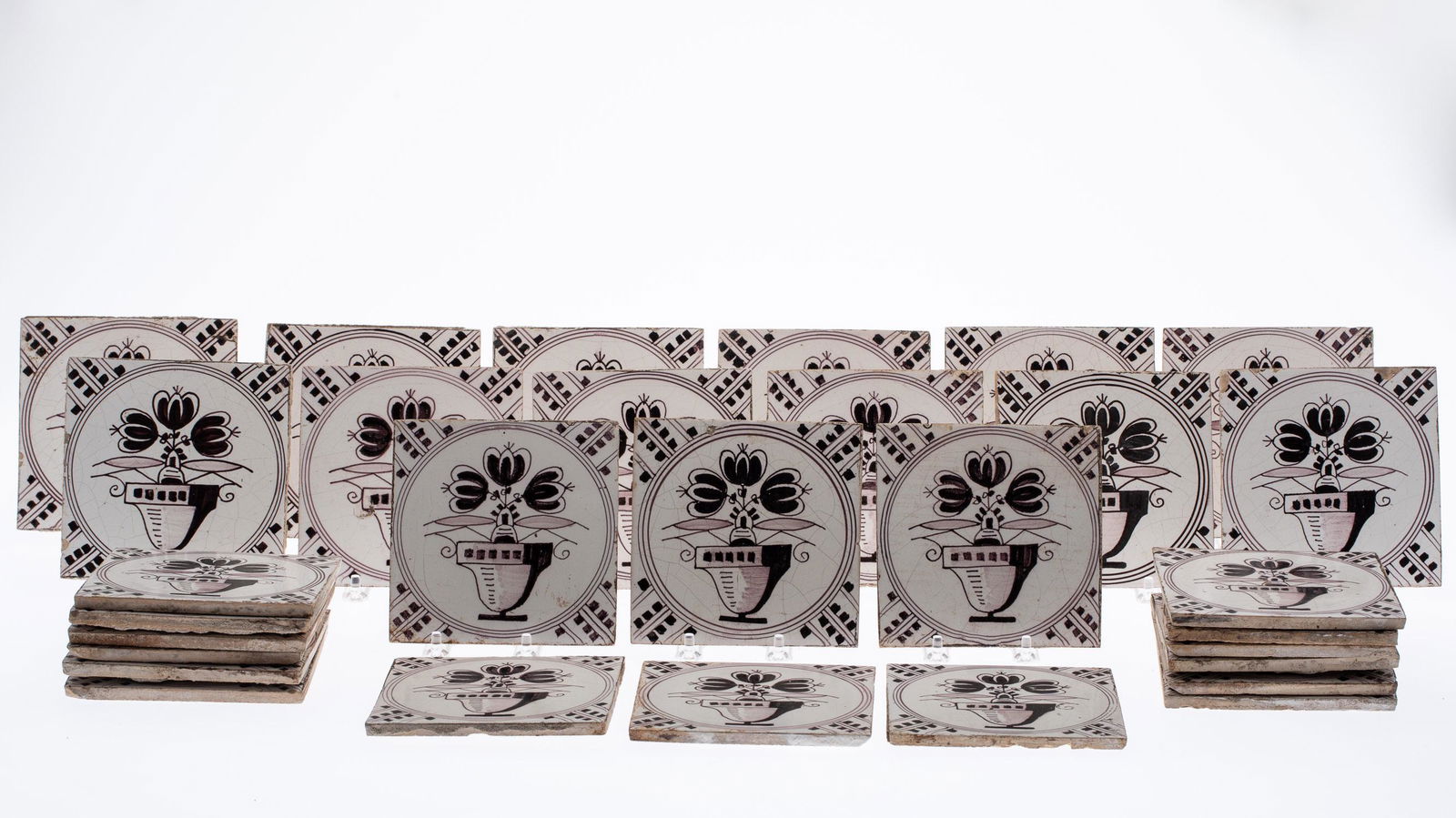 30 Brown and White Floral Deft Tiles, 18th C (1 of 7)