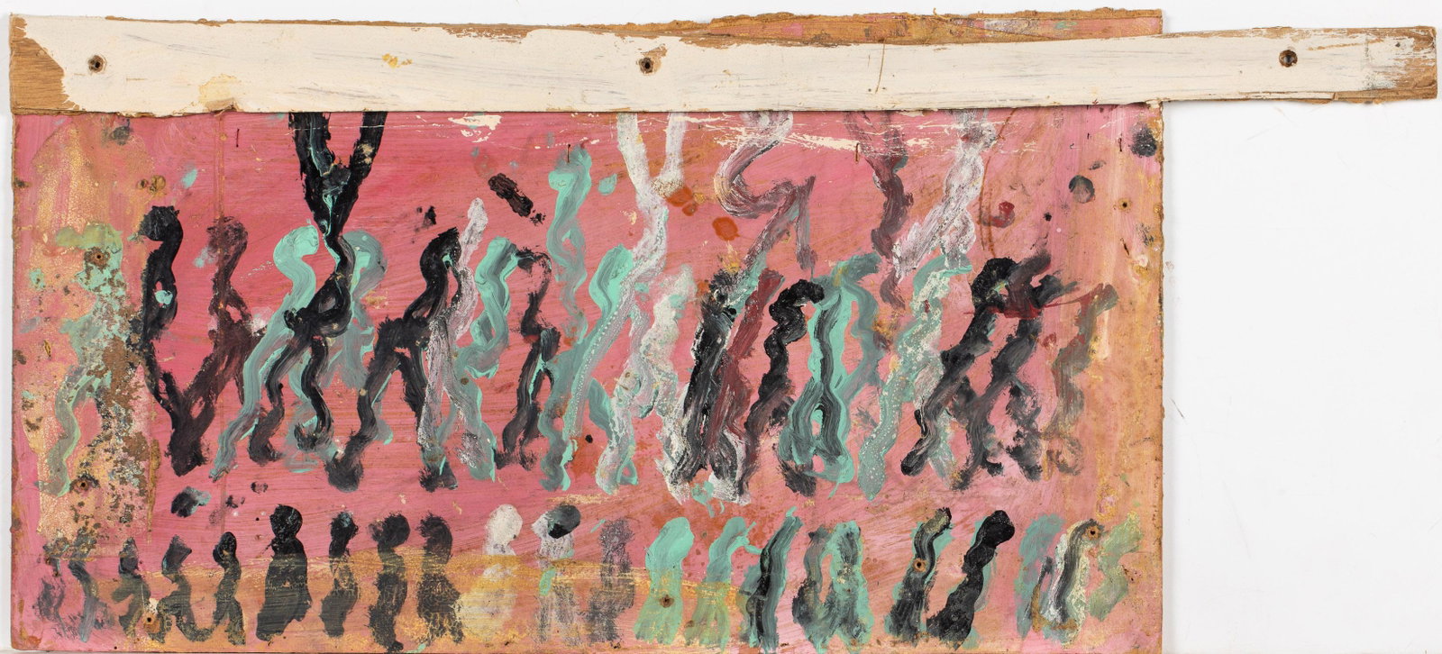 Purvis Young, Figures, Paint on Board: Description: Purvis Young (FL, 1943 - 2010), Figures, Paint on Board, unsigned, depicting a group of abstracted figures on a pink background. Measurements: Height: overall 12 i