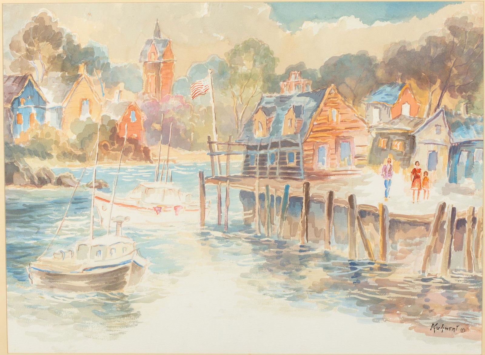 Manfred Kuhnert, Dock with Boats and Figures, W/C: Property from a Savannah, GA Estate Description: Manfred Kuhnert (California, b. 1931), Dock with Boats and Figures, Watercolor, singed lower right, depicting figures walking along the waterfront
