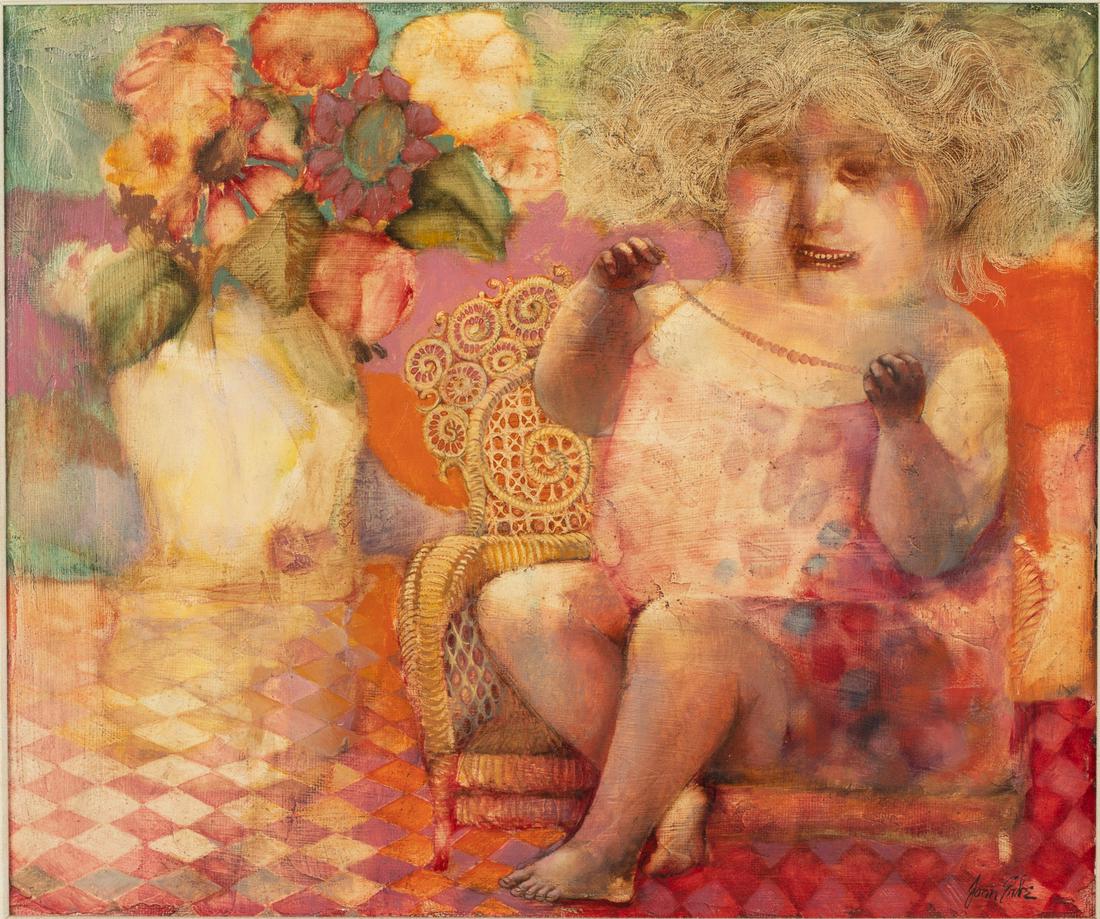 Joan Erbe (OH/MD, 1926-2014), Seated Woman, O/B: Description: Joan Erbe (Ohio/Maryland, 1926-2014) Seated Woman, Oil on Board, signed lower right, depicting a seated woman in a wicker chair with vase of flowers, in a giltwood frame. Frame size: