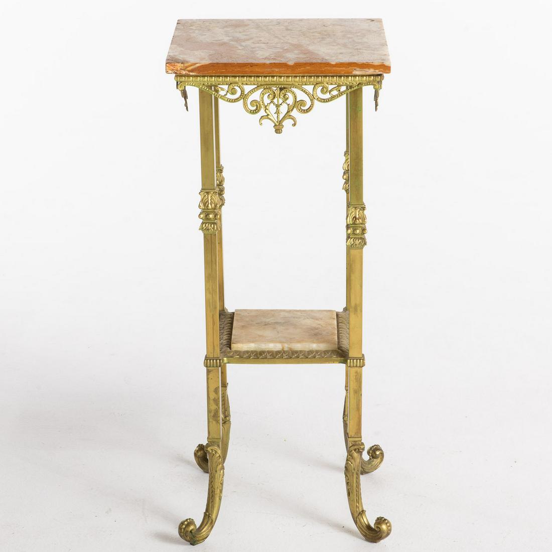Brass and Marble Stand, Late 19th C: Description: Brass and Marble Stand, Late 19th century, the square marble top on square outflaring supports joined by a platform marble inset stretcher. Measurements: Height: 3