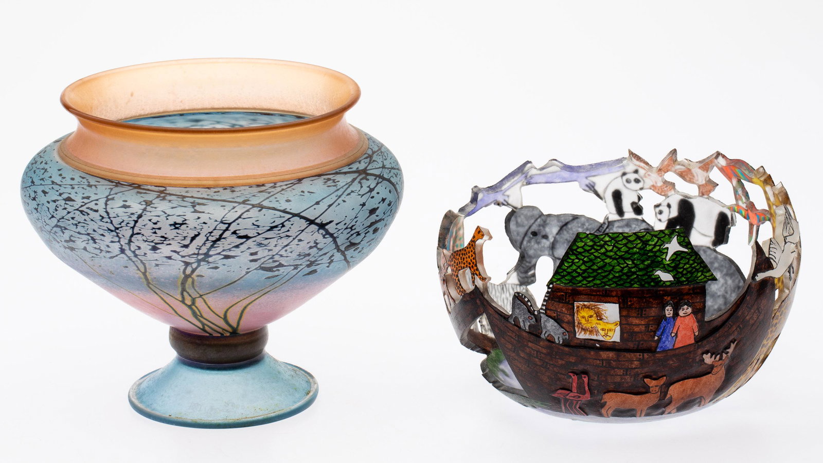 Ann Alderson Cabezas Glass Bowl & Peet Robison Bowl: Property from the Estate of Millicent Melaver, Savannah, GA Description: Ann Alderson Cabezas Noah's Ark Bowl and Peet Robison Bowl, comprising a Noah's Ark cut glass bowl (5 in. x 8 1/2 in.) sign
