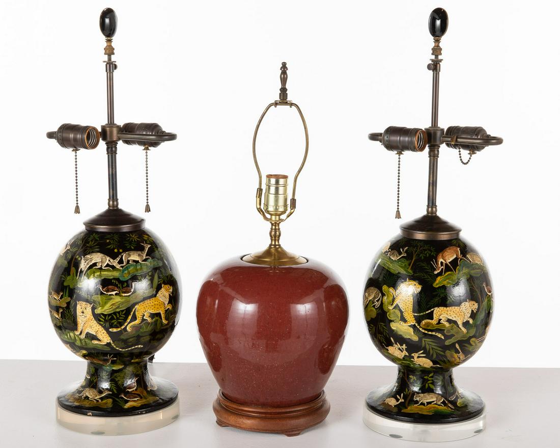 Pair of Animal Painted Lamps & a Red Ginger Jar Lamp (1 of 8)