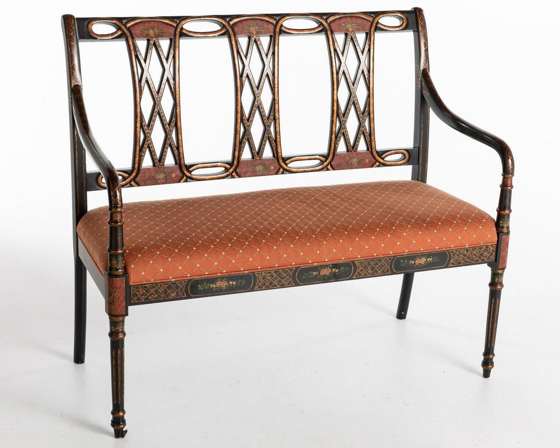 Regency Style Black Painted Floral Decorated Bench (1 of 8)