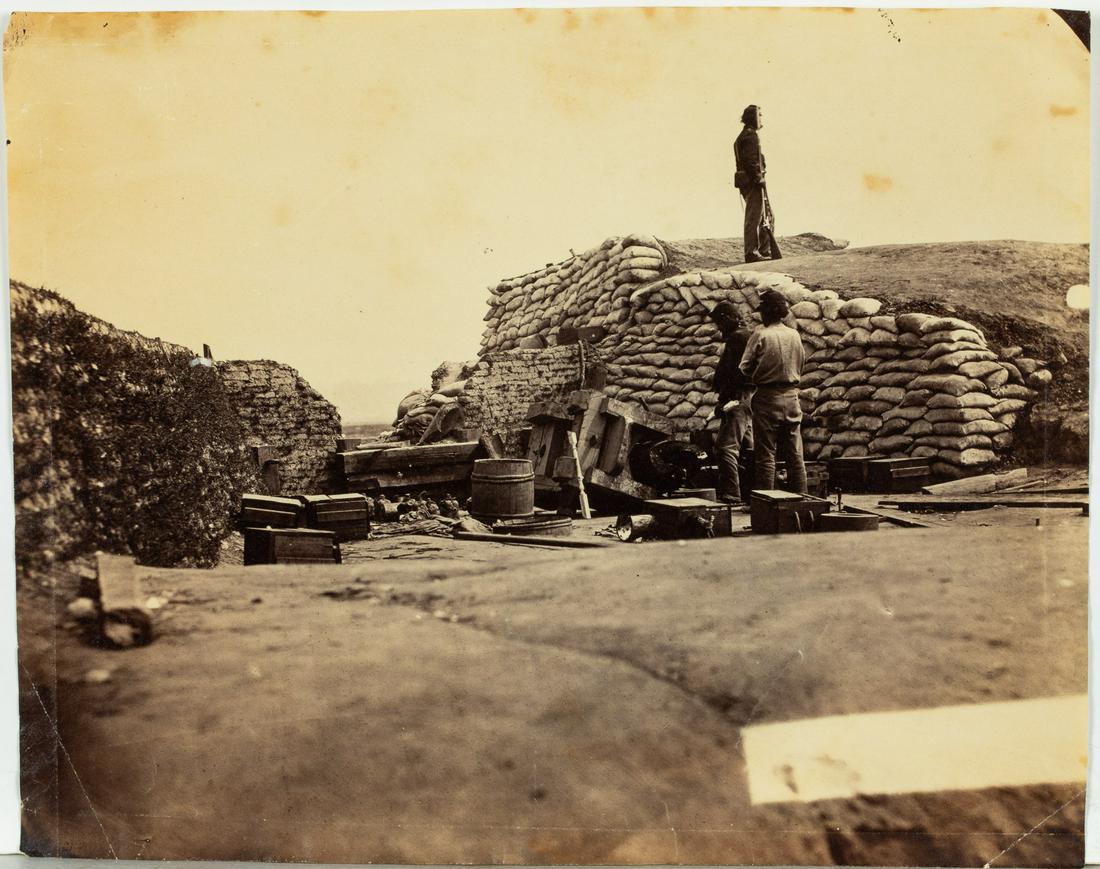Albumen Photo of Abandoned Confederate Battery: Description: Albumen Photograph of Abandoned Confederate Battery, Yorktown, VA, depicting union soldiers around an abandoned Confederate fortification, Yorktown, VA, C. 1862, unmounted. Reference