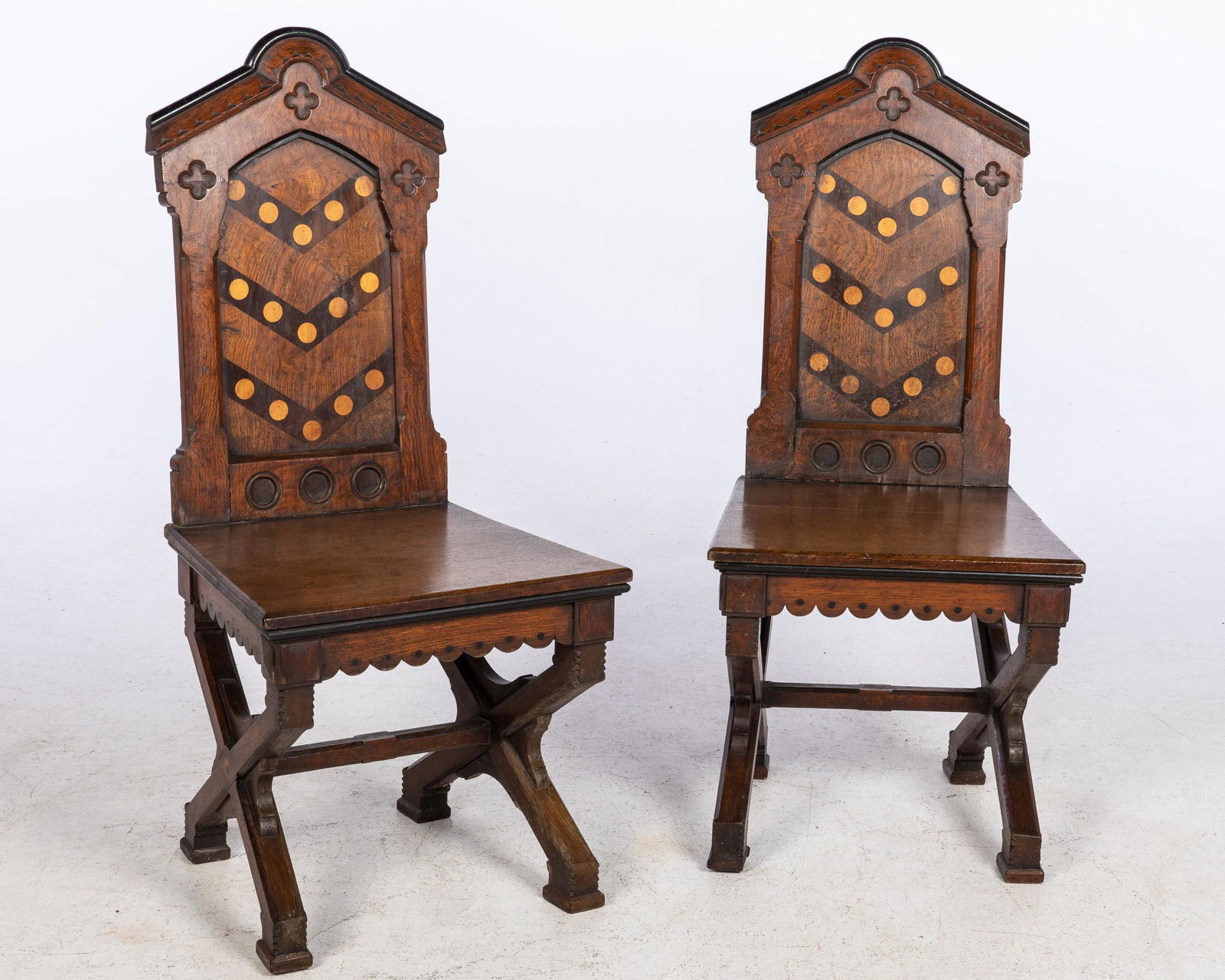 Pair of Gothic Revival Oak Hall Chairs, 19th C (1 of 16)