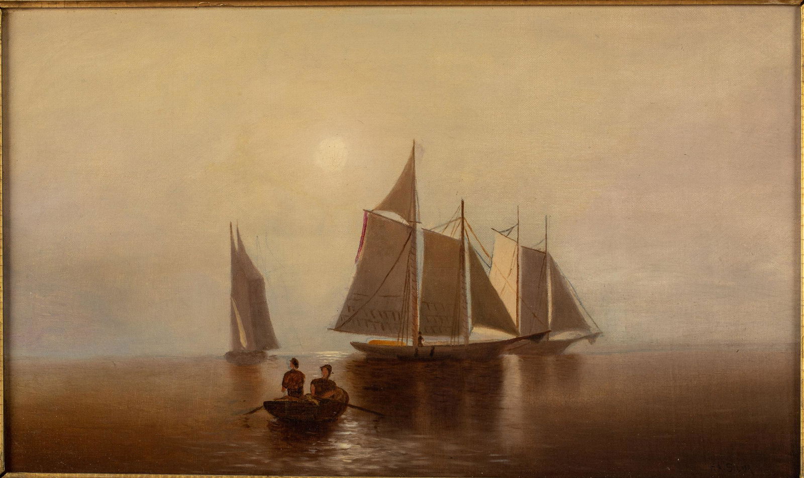 Francis Augustus Silva, Early Morning Sailing, O/C: Property from a Private Collection, Savannah, GA Description: Francis Augustus Silva (American, 1835-1886), Early Morning Sailing, Oil on Canvas, signed lower right, depicting sailboats and a rowb