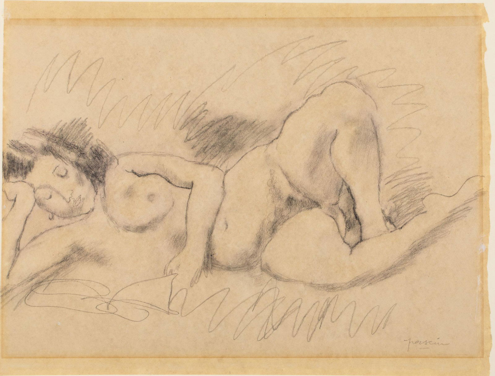 Jules Pascin, Femme Aux Pijante, Charcoal on Paper: Property from a Private Collection, Savannah, GA Description: Jules Pascin (NY/France/Bulgaria, 1885-1930), Femme Aux Pijante, Charcoal, signed lower right, depicting a reclining female nude, with
