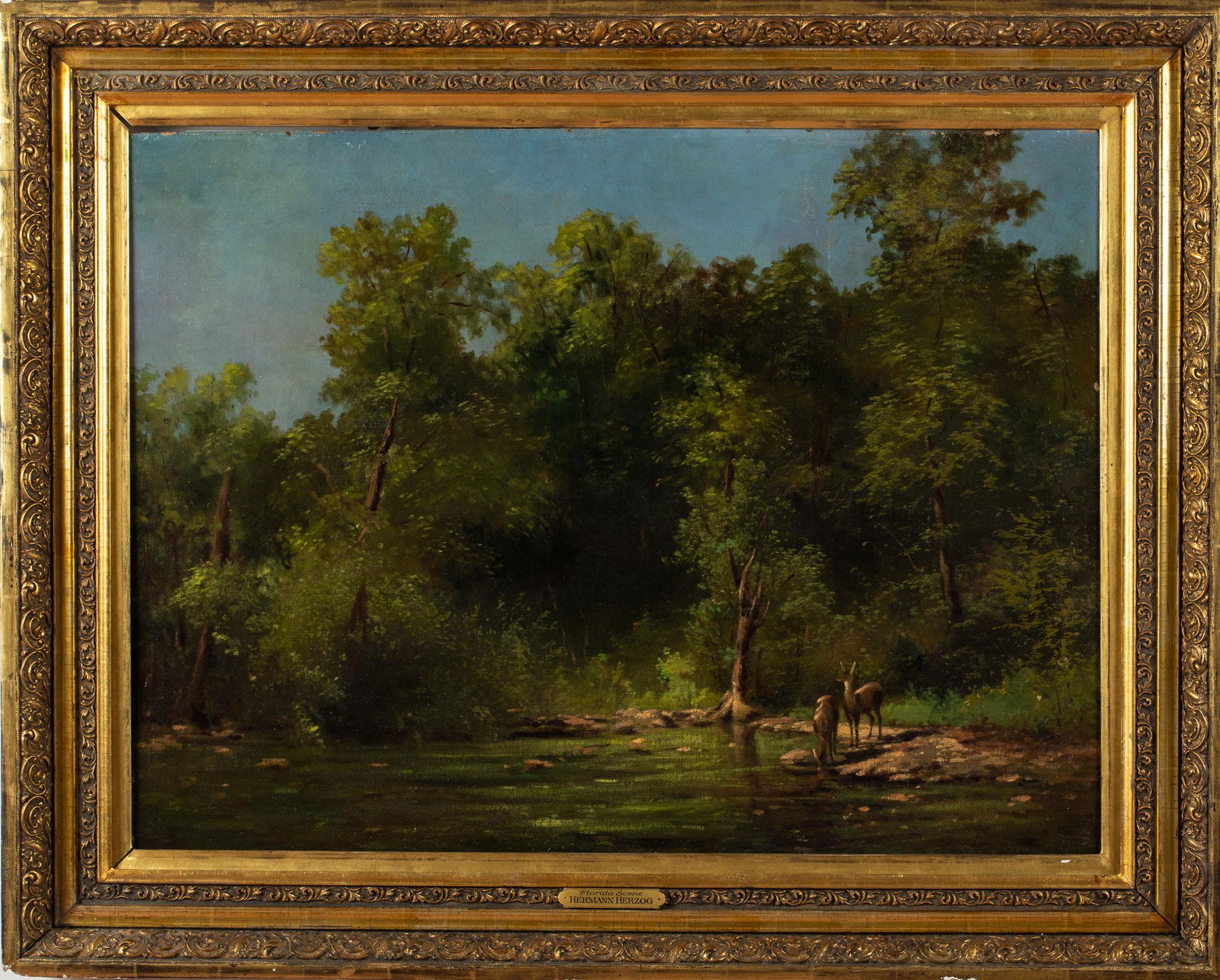Style of Hermann Herzog, Deer Along a River, Oil (1 of 20)