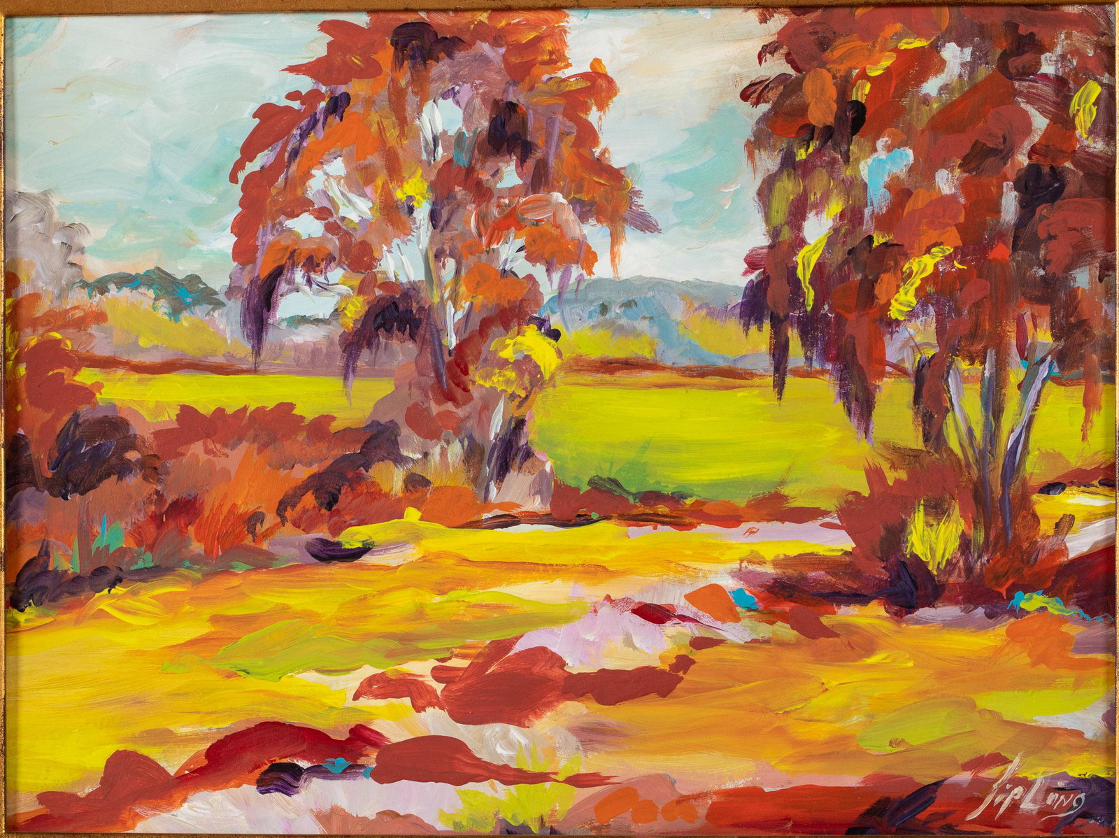 Kipling Collins, Eve, Oil on Board: Property from a Savannah, GA Estate Description: Kipling Collins, Eve, Oil on Board, signed lower right, depicting a colorful landscape scene with trees, with 'Kipling, B. Collins' stationary with