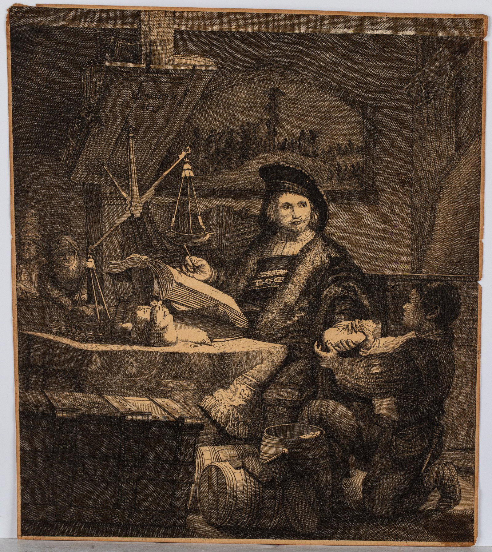 After Rembrandt, Jan Uytenbogaert, The Gold Weigher: Description: After Rembrandt, Jan Uytenbogaert, The Gold Weigher, Etching, signed and dated in plate on bottom of shelf 'Rembrandt 1639', depicting a seated gentleman with scale and log book hand