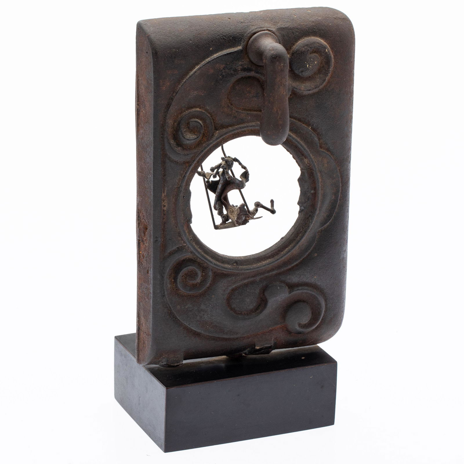 Judith Brown, Found Object with Figure, Bronze: Property from a Private Collection, Hilton Head Island, SC Description: Judith Brown (NY, 1932-1992) Sculpture of Found Object with Figure and Swing, Bronze, initial signed in pencil on back of sc