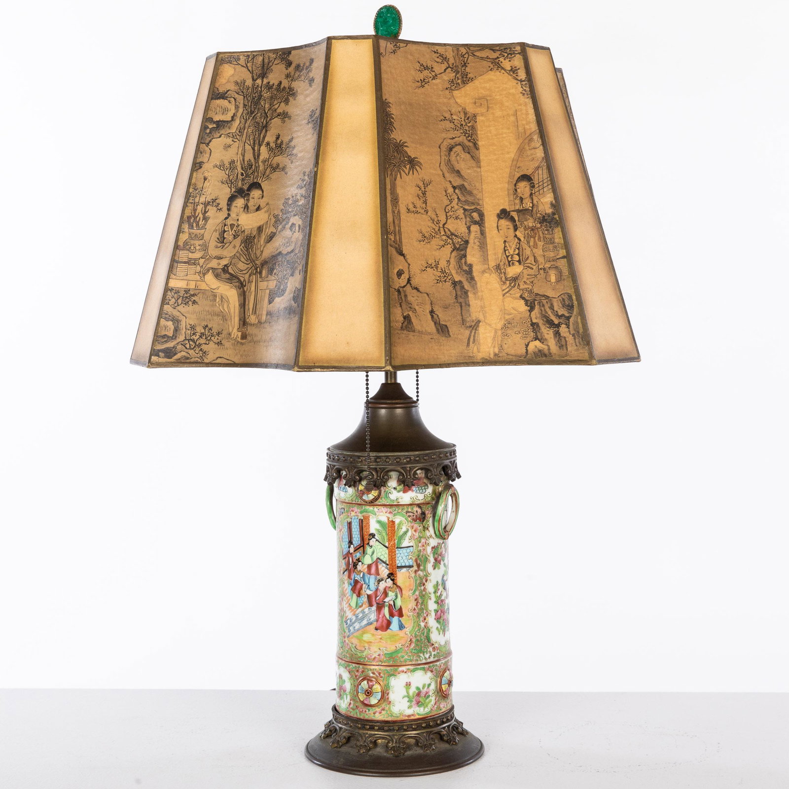 Chinese Famille Rose Cylinder Vase Mounted as a Lamp: Property from the Estate of Murray C. Perlman, Savannah, GA Description: Chinese Famille Rose Cylinder Vase Now Mounted as a Lamp, with painted shade. Measurements: Height: over