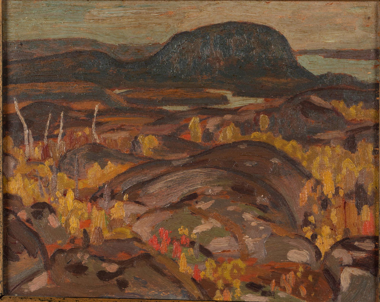 A. Redfield, The Knob, Oil on Board: Description: A. Redfield, The Knob, Oil on Board, signed with illegible pencil inscription and 'Haley & Steele Picture Frames, Boston, Mass.' label on verso, depicting a landscape with rocks and