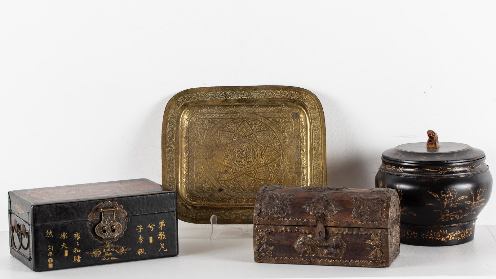 3 Decorative Boxes and a Tray: Property from a Savannah, GA Estate Description: 3 Decorative Boxes and a Tray, comprising a Chinese lacquer box with inner tray decorated with Chinese characters and landscape, a wood and repouss