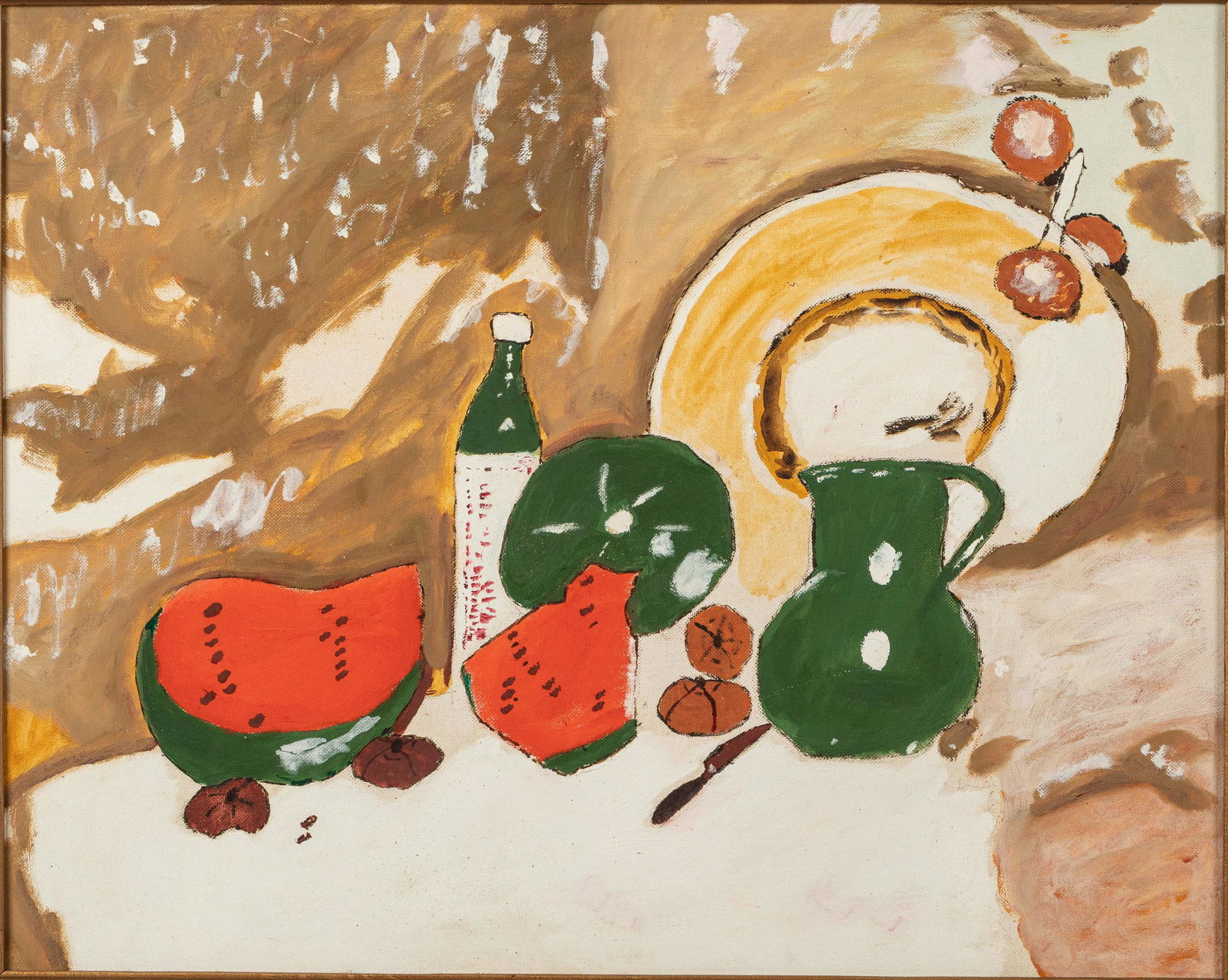 After Frank Duveneck, Watermelon Still Life, O/B: Property from the Collection of John and Virginia Duncan, Savannah, GA Description: After Frank Duveneck, Still Life with Watermelon, Oil on Board, unsigned, probably John Inglesby, depicting a st