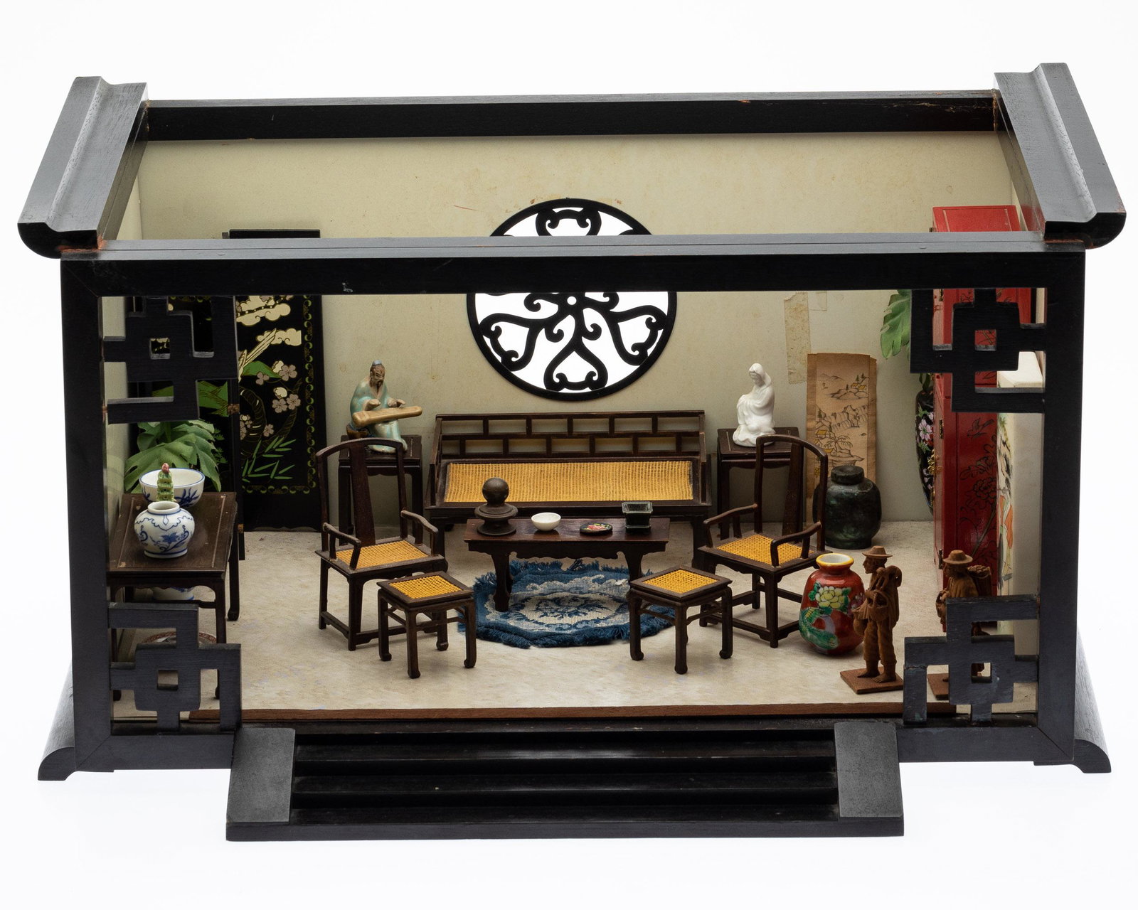 Chinese Style Room Vignette: Property from the Collection of John and Virginia Duncan, Savannah, GA Description: Chinese Style Room Vignette, the rectangular room with circular window on back wall, separate wood steps, and de
