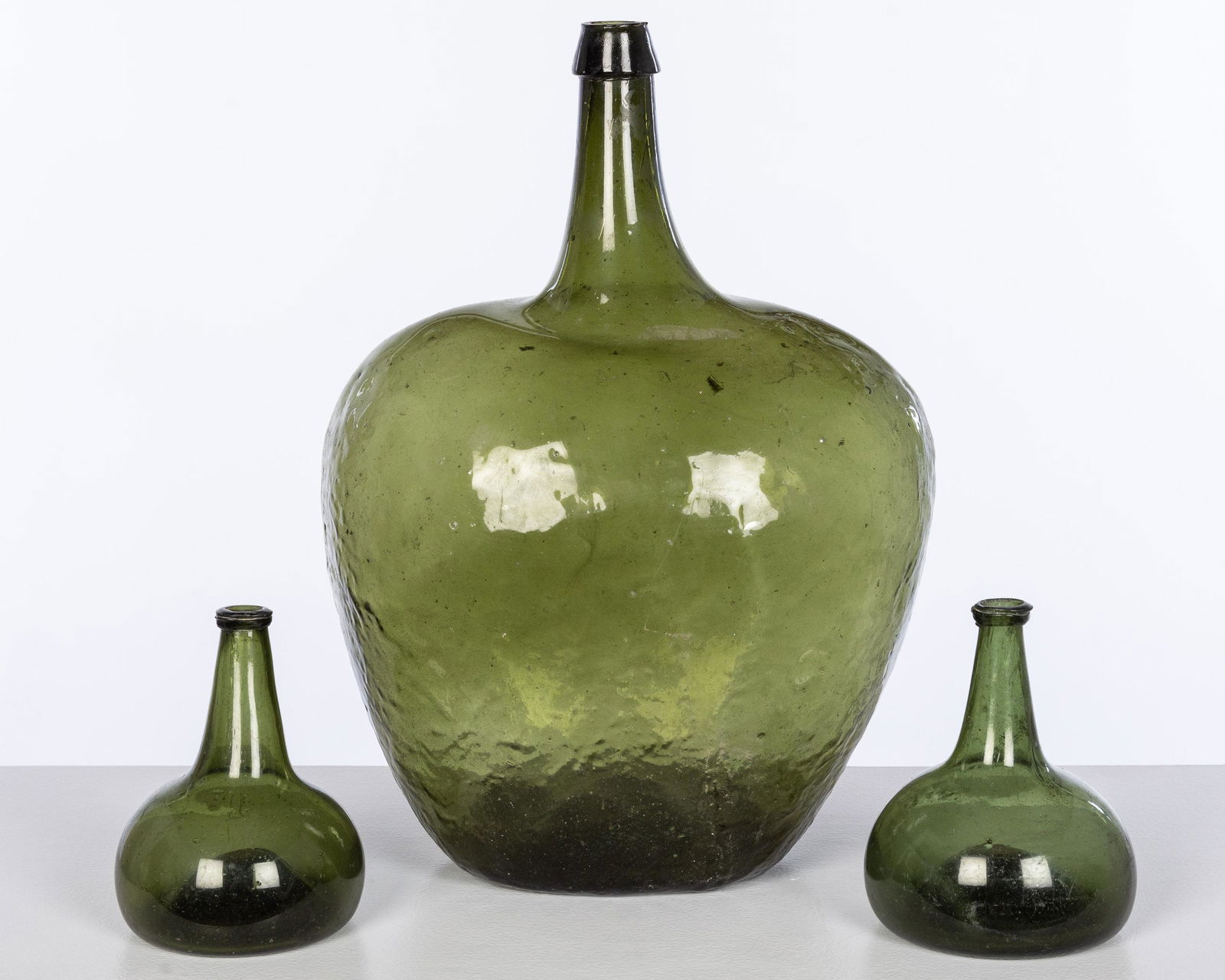 Large Green Blown Glass Bottle & Two Smaller Bottles (1 of 11)
