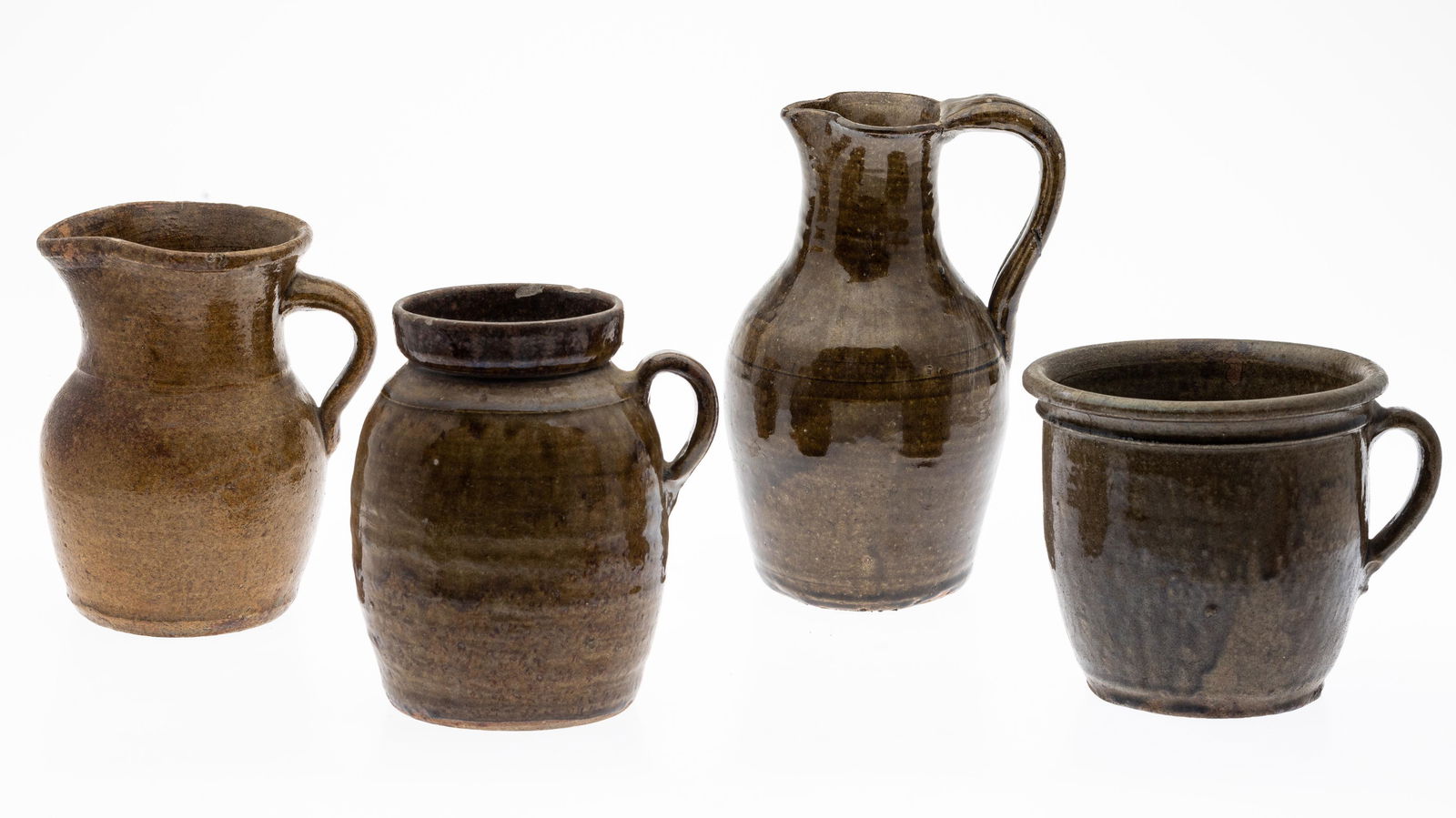 3 Brown Glazed Pitchers and a Crock (1 of 10)