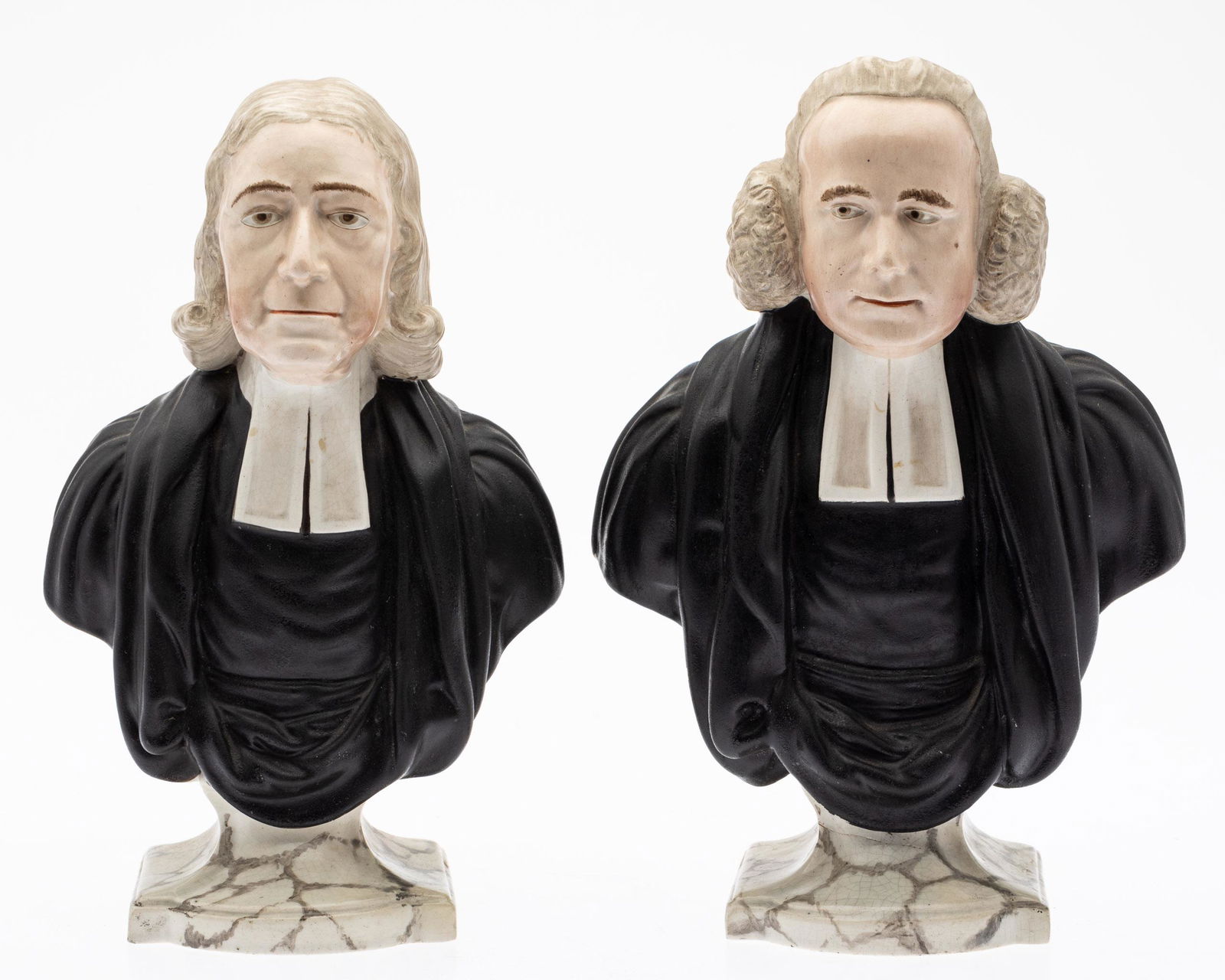 Staffordshire John Wesley & George Whitefield Busts: Property from the Collection of John and Virginia Duncan, Savannah, GA Description: Two Staffordshire Portrait Busts of John Wesley and George Whitefield, Pair of English 19th c. Earthenware Busts