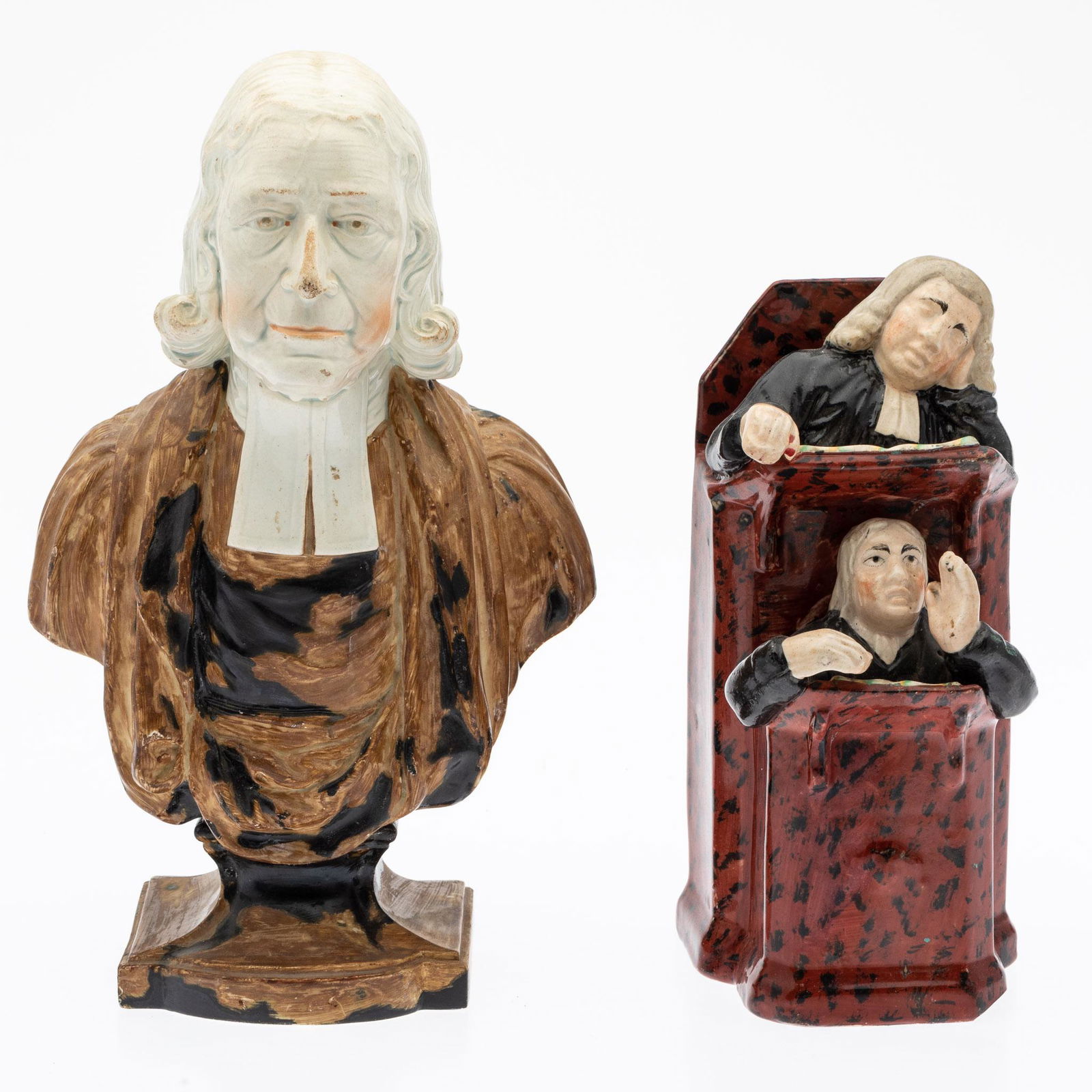 Staffordshire Portrait Bust of John Wesley & a Judge: Property from the Collection of John and Virginia Duncan, Savannah, GA Description: Staffordshire Portrait Bust of John Wesley and Staffordshire Judge, an Enoch Wood portrait bust of John Wesley w