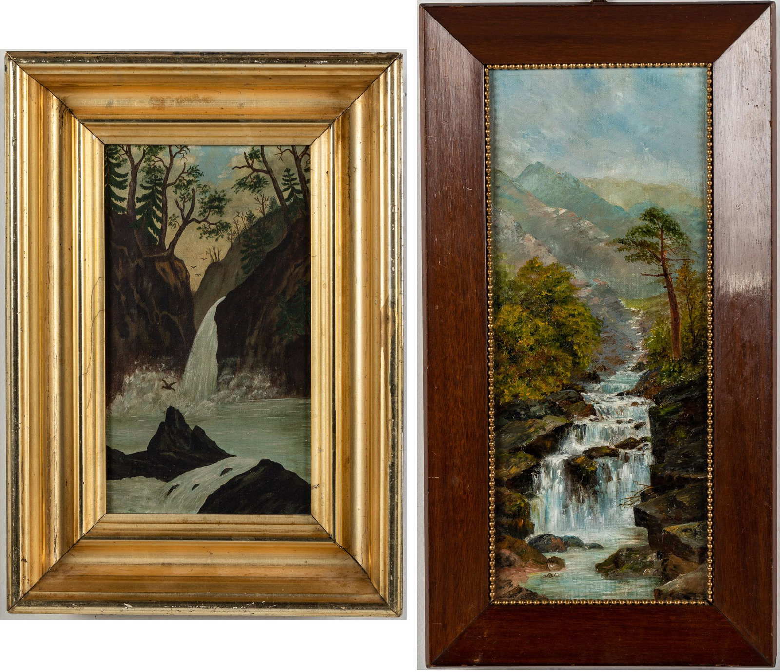 Two Paintings of Waterfalls: Property from the Collection of John and Virginia Duncan, Savannah, GA Description: Two Paintings of Waterfalls, one signed 'M. Kasack' and dated '1921' in handwritten inscription in German on ver