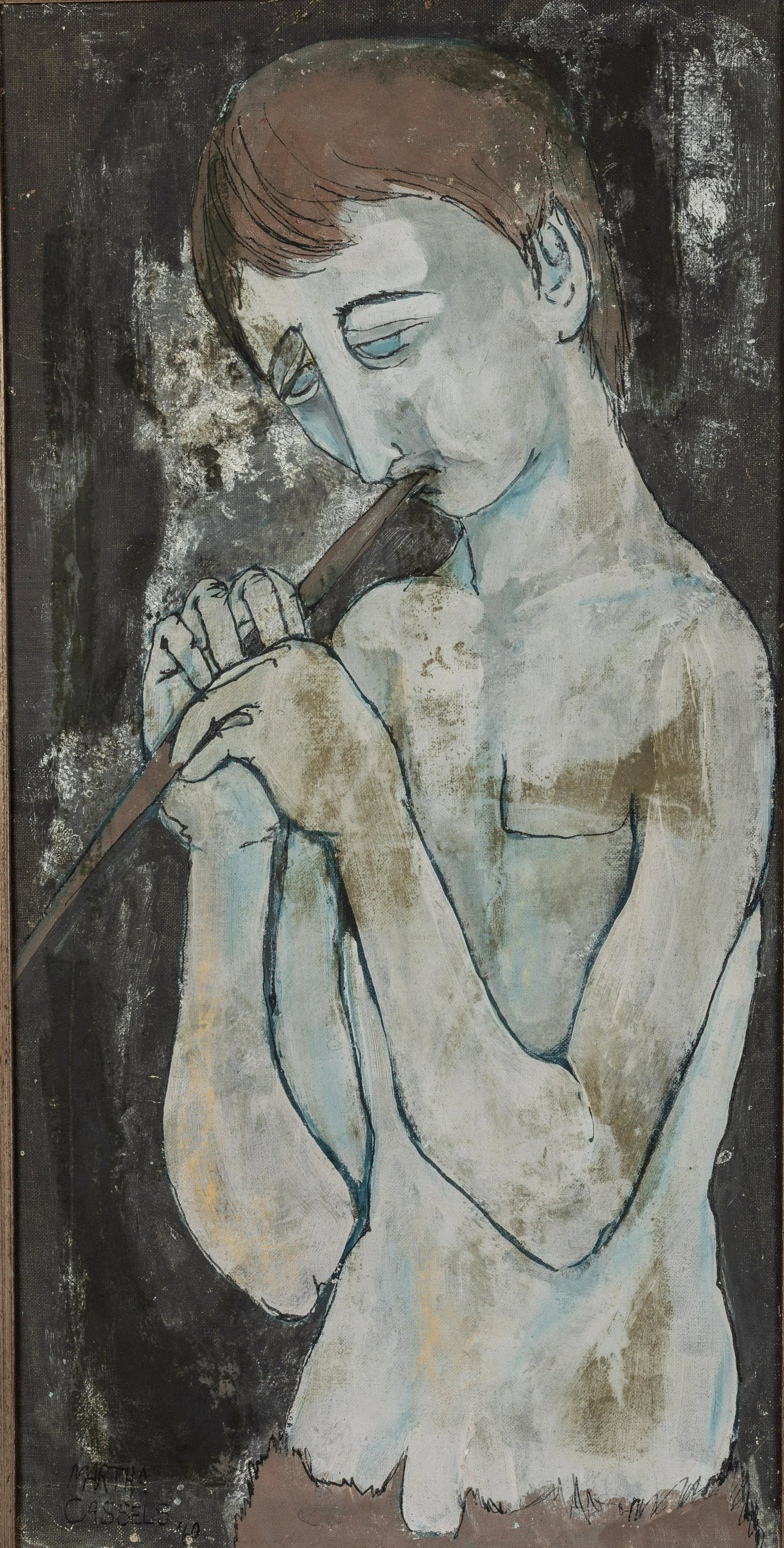 Martha Cassels, Figure Playing the Flute, O/B, 1960: Property from the Collection of John and Virginia Duncan, Savannah, GA Description: Martha Cassels (GA, 20th/21st Century), Figure Playing the Flute, Oil on Board, 1960, signed and dated '60 lower