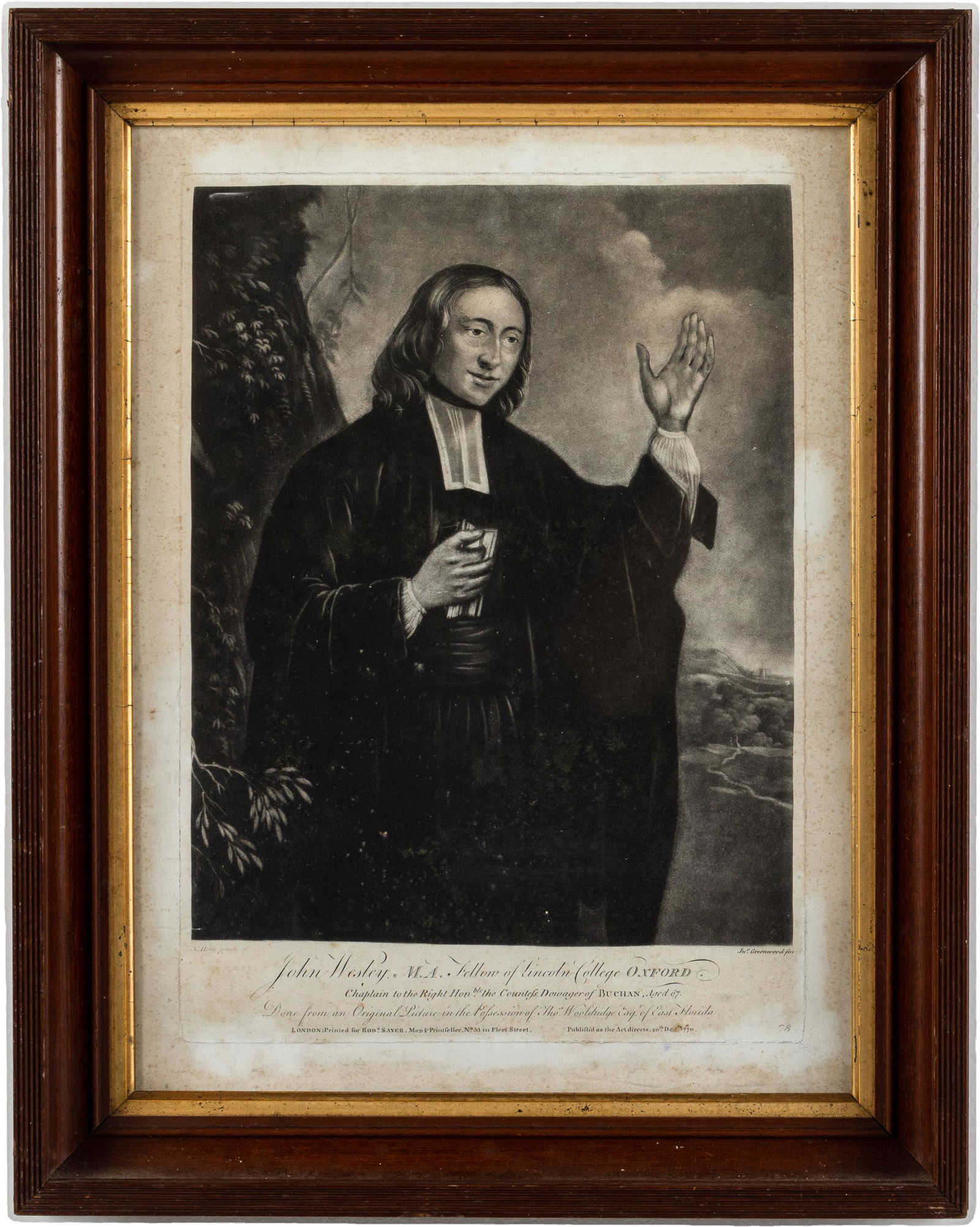 John Wesley Portrait Engraving, C. 1770: Property from the Collection of John and Virginia Duncan, Savannah, GA Description: John Wesley Portrait Engraving, an engraving of Reverend John Wesley in clergy robes with raised hand in a lands
