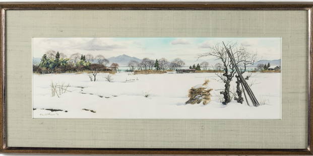 Brian Williams, Lakeshore Farmhouse, W/C, 1987: Property of a Savannah Private Collection  Description:  Brian Williams (Japan, US, b. 1950) Lakeshore Farmhouse, Watercolor, 1987, signed and dated '87 lower left with label on back from Kato Galle