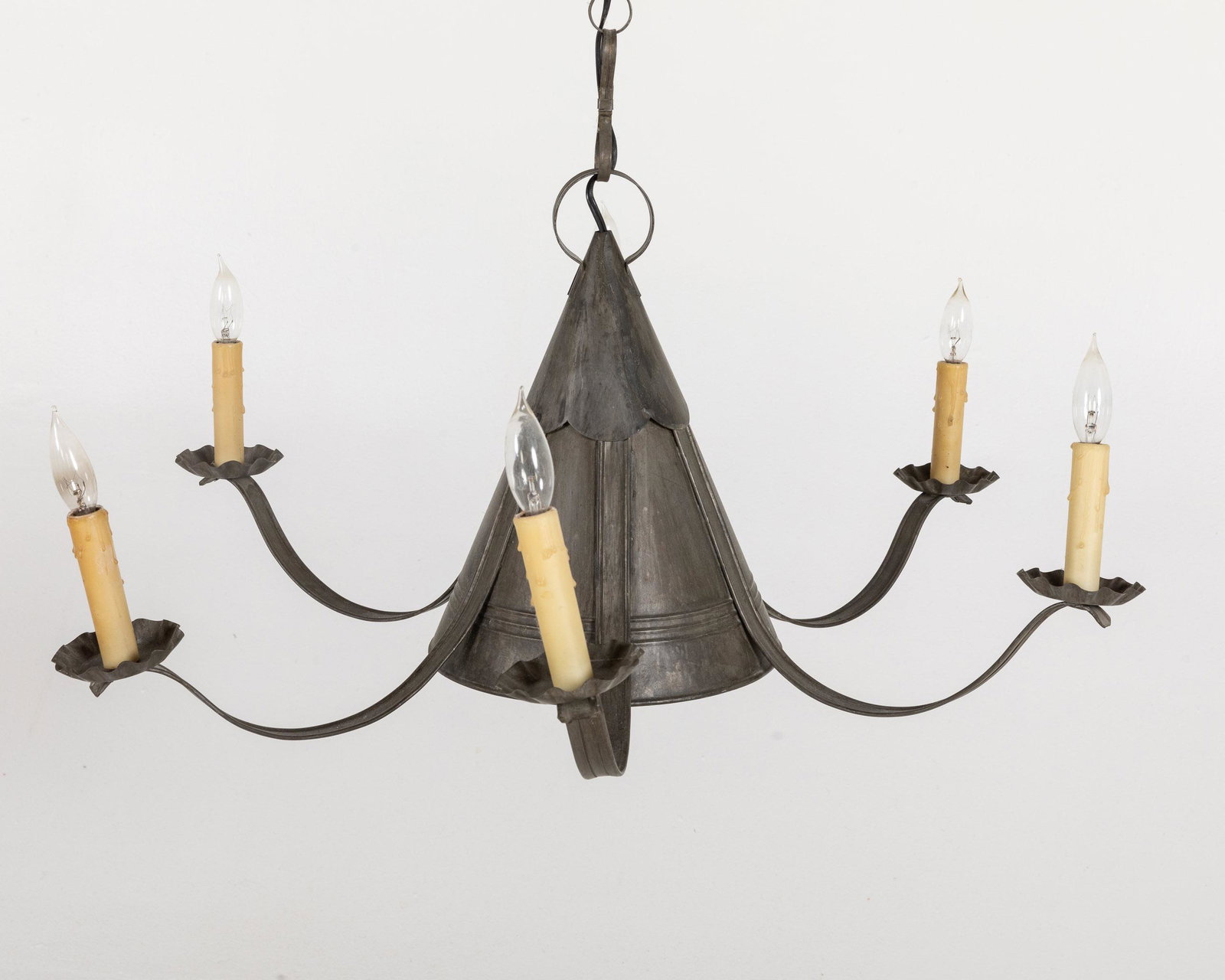 Deep Landing Workshop 6 Arm Pewter Chandelier: Property from a Private Collection, St. Simons Island, GA Description: Deep Landing Workshop 6 Arm Pewter Chandelier, the cone shaped top issuing 6 candlearms. Measurements: Hei