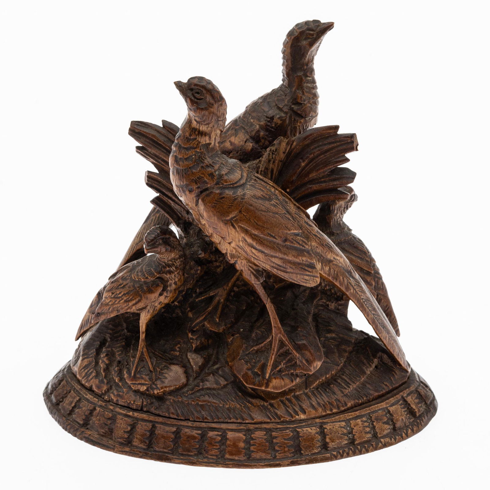 Carved Wood Sculpture of Pheasants: Property from a Private Collection, St. Simons Island, GA Description: Carved Wood Sculpture of Pheasants, unsigned, depicting a group of pheasants on rocks. Measurements: Heigh