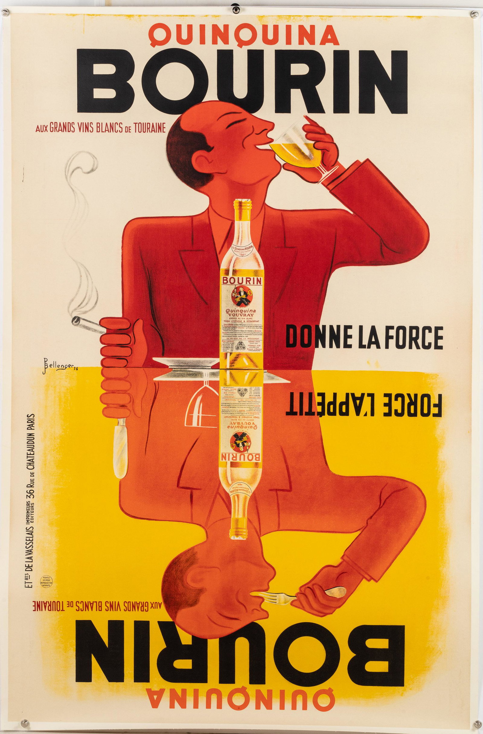 Pierre Bellenger, Quinquina Bourin Liquor, 1936: Property from a Private Collection Hilton Head Island, SC Description: Piere Bellenger (French, b. 1909), Quinquina Bourin, signed and dated '36' center left, printed 'etbts, del la Vasselais, imp