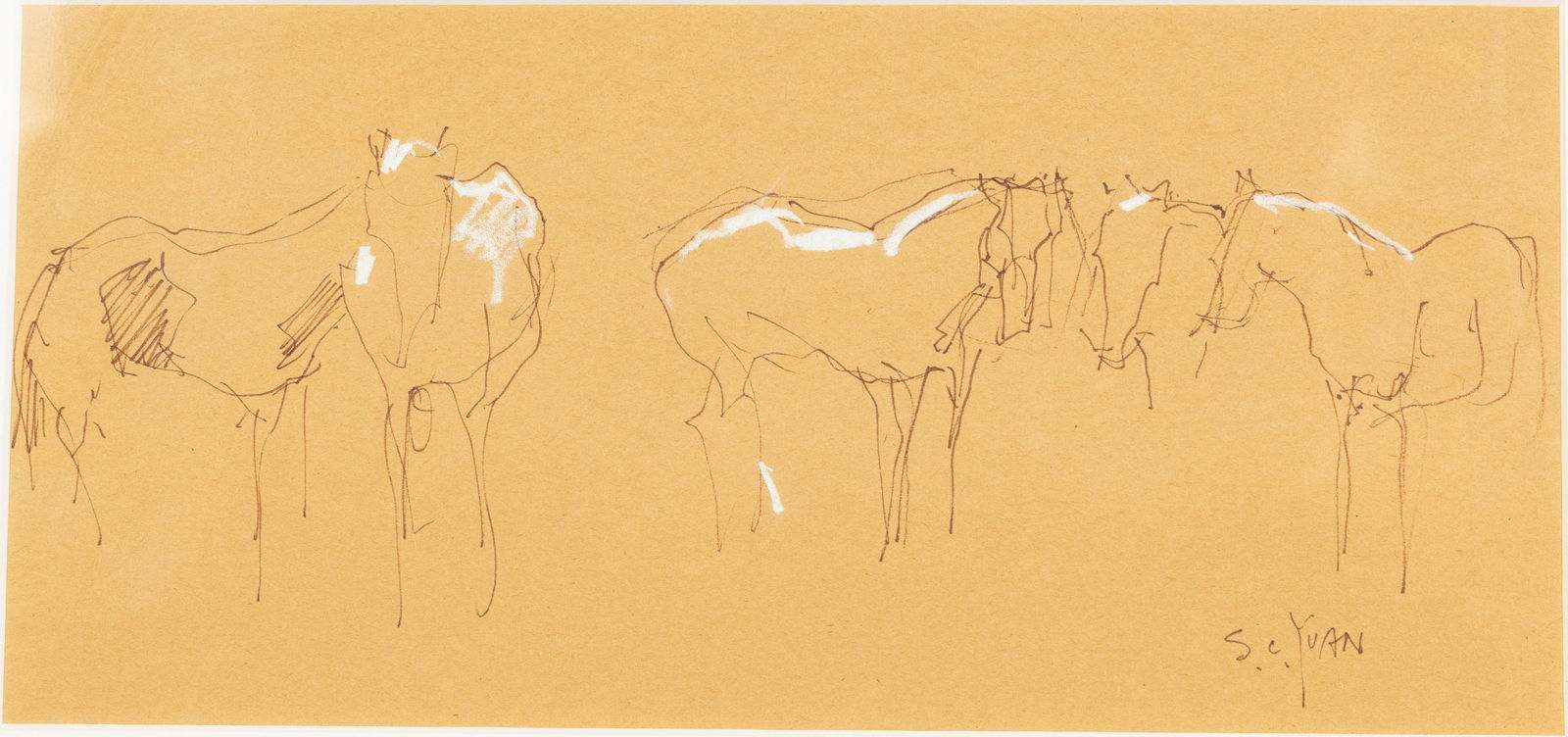 Si Yuan (CA, 1911-1974), Horses, Pen on Brown Paper (1 of 13)
