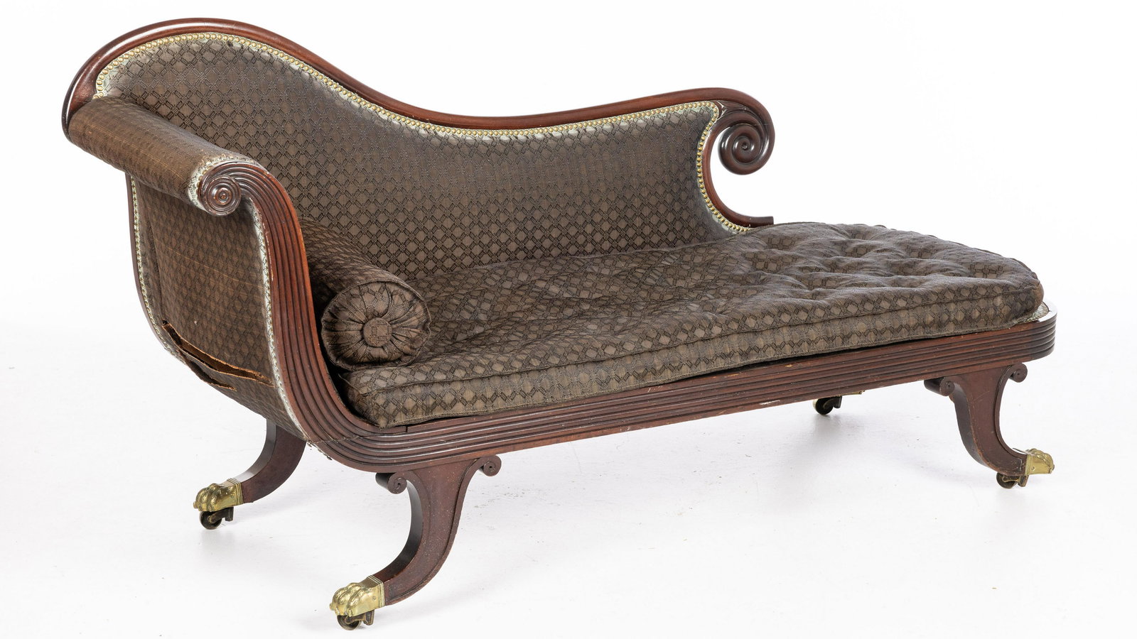 Regency Mahogany Recamier, c. 1815-1825: Property De-Accesssioned from the Telfair Museums, Savannah, GA Description: Regency Mahogany Recamier, c. 1815-1825, of characteristic form, with loose fitted cushion raised on downswept legs end
