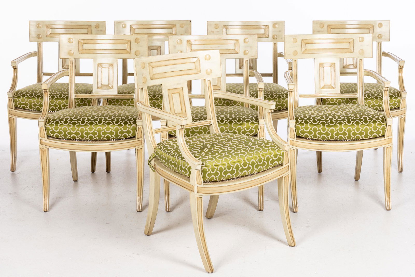 8 Michael Taylor Painted Klismos Armchairs, 20th C: Property from a Private Collection, Palm Beach Florida Description: Set of 8 Michael Taylor (American, 1927-1986) Painted Klismos Armchairs, 20th Century, with plaque on underside 'Michael Taylor