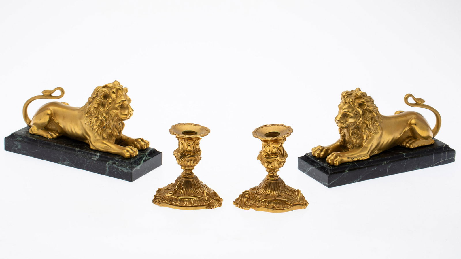Pair Louis XV Style Gilt Metal Candlesticks & Pair Lions (1 of 11)