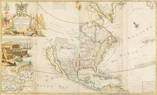 Moll, Rare Hand Colored Map of North America, c 1720: Property from a Private Collection Savannah, GA and Puerto Rico Description: Herman Moll (Dutch/English, 1654-1732), Rare Hand Colored Map of North America, c. 1720, hand colored map of North Amer