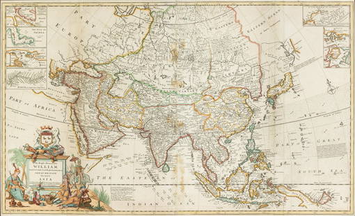 Herman Moll, Hand Colored Map of Asia, c. 1710: Property from a Private Collection Savannah, GA and Puerto Rico Description: Herman Moll, Hand Colored Map of Asia, c. 1710, hand colored map with elaborate title cartouche 'To the Right Honourabl