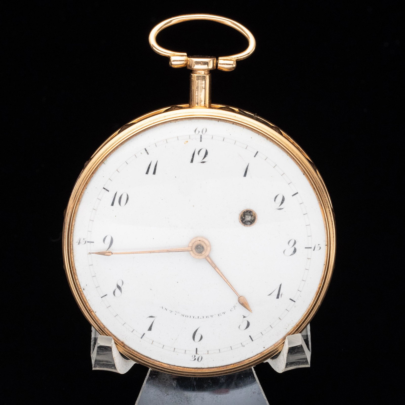 18k Gold Antoine Moilliet et Cie Pocket Watch: Property from a Private Collection, Dataw Island, SC Description: 18k Gold Antoine Moilliet et Cie Pocket Watch, the white enamel face marked 'Antne. Moilliet Et Cie.' with Arabic numeral dial, in