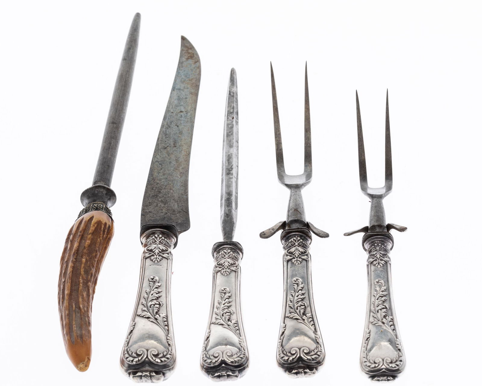 English Sterling Carving Set & Horn Knife Sharpener (1 of 4)