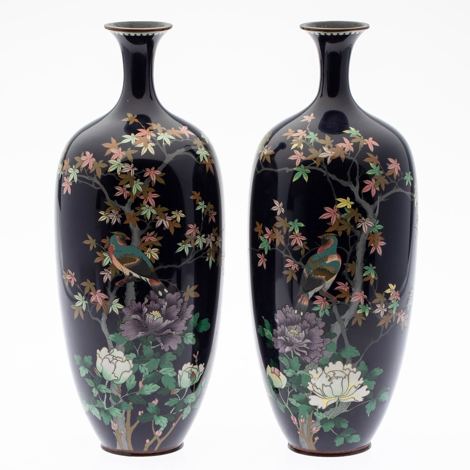 Pair Japanese Cloisonne Vases, Manner of Ando Jubei: Property of a Okatie, SC Estate Description: Pair of Japanese Cloisonne Vases in the Manner of Ando Jubei, Meiji period, the pair of vases decorated with flowering branches ad a bird on a dark nav