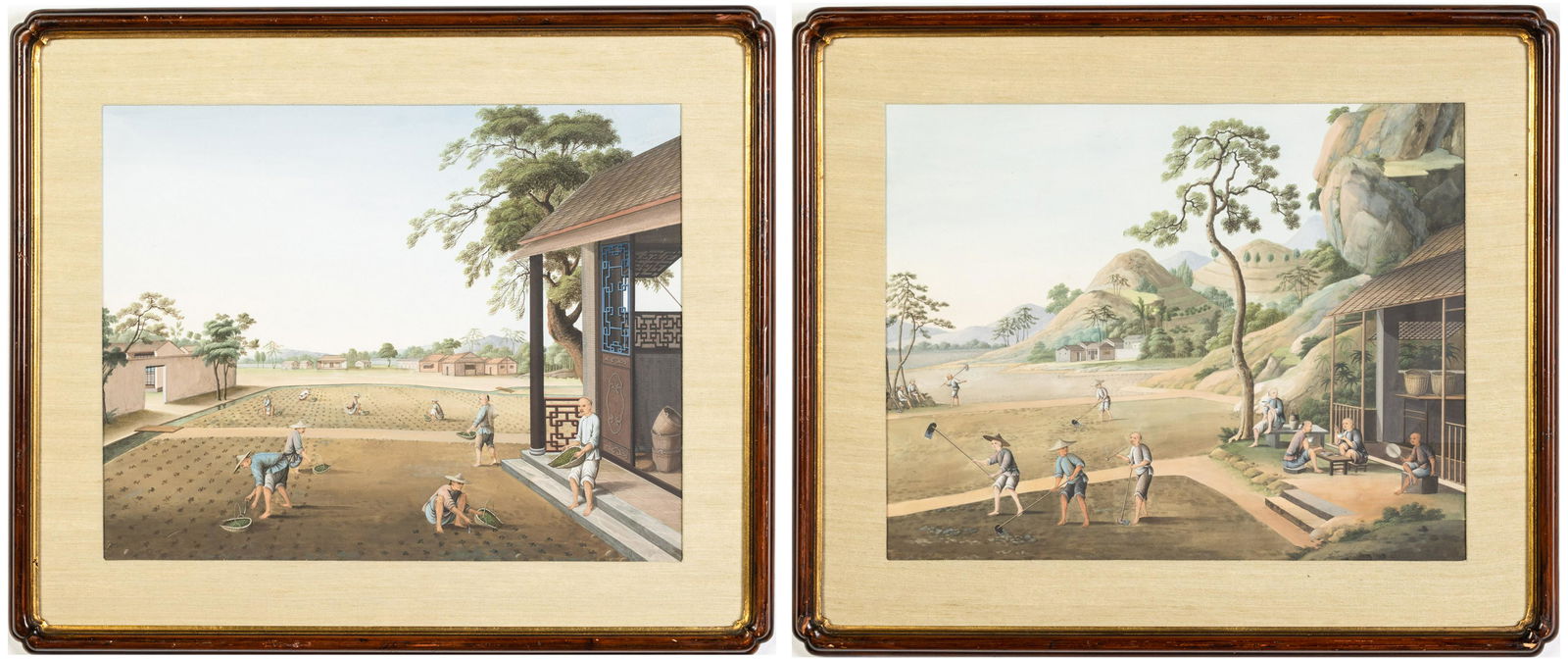 Pair of China Trade Paintings, Gouache, c. 1825: Property from a Private Collection, Thomasville, GA Description: Pair of China Trade Paintings, Gouache, c. 1825, gouache on paper, two tea plantation scenes of workers in fields, one scene with f