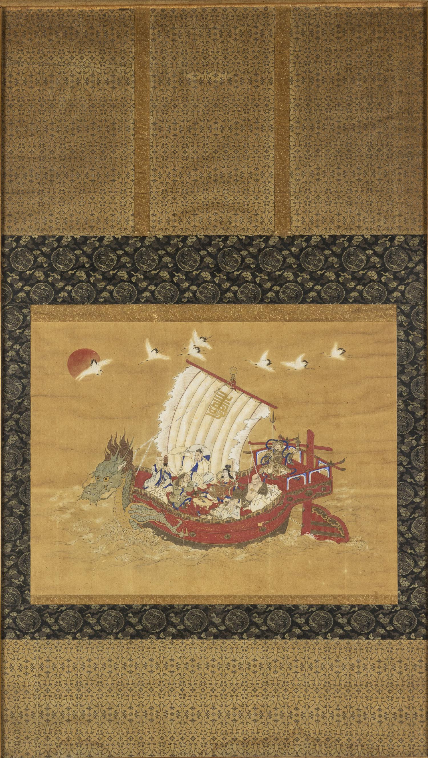 Japanese Meiji Period Dragon Ship Framed Scroll (1 of 9)