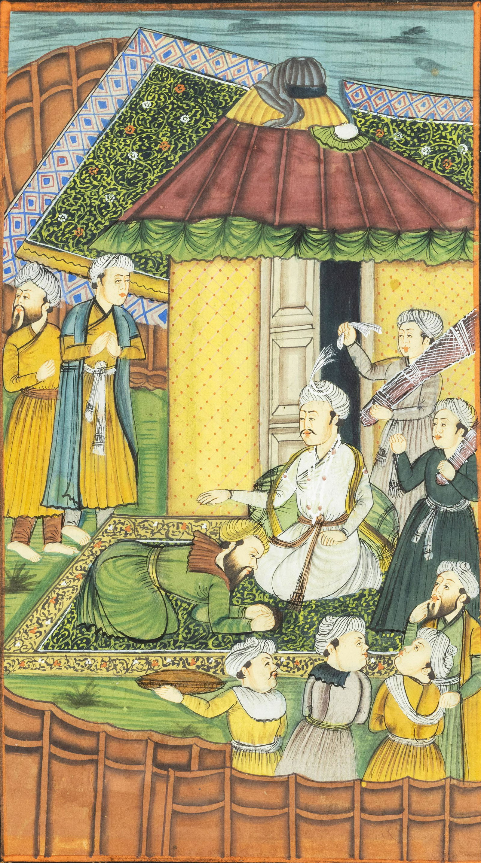 Indian Painting of a Mughal Ruler, Tempera on Silk: Property of a Okatie, SC Estate Description: Indian Painting of a Mughal Ruler, Tempera on Silk, unsigned, depicting a ruler and group of figures with colorful building behind them, with black and