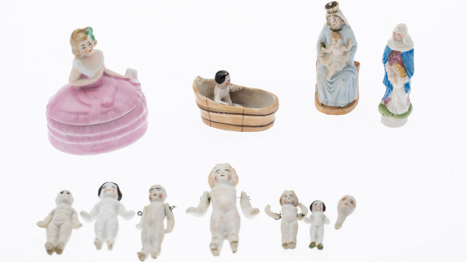 6 Ceramic Tiny Dolls, 2 Virgin Mary's & Figural Box (1 of 8)