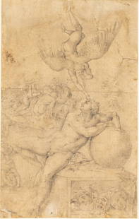 After Michelangelo, The Dream, Pencil, Prob. 18th C: Property from a Private Collection, Savannah, GADescription: After Michelangelo, The Dream, Pencil on Paper, Probably 18th C, unsigned, the drawing on laid paper, skillfully rendered after